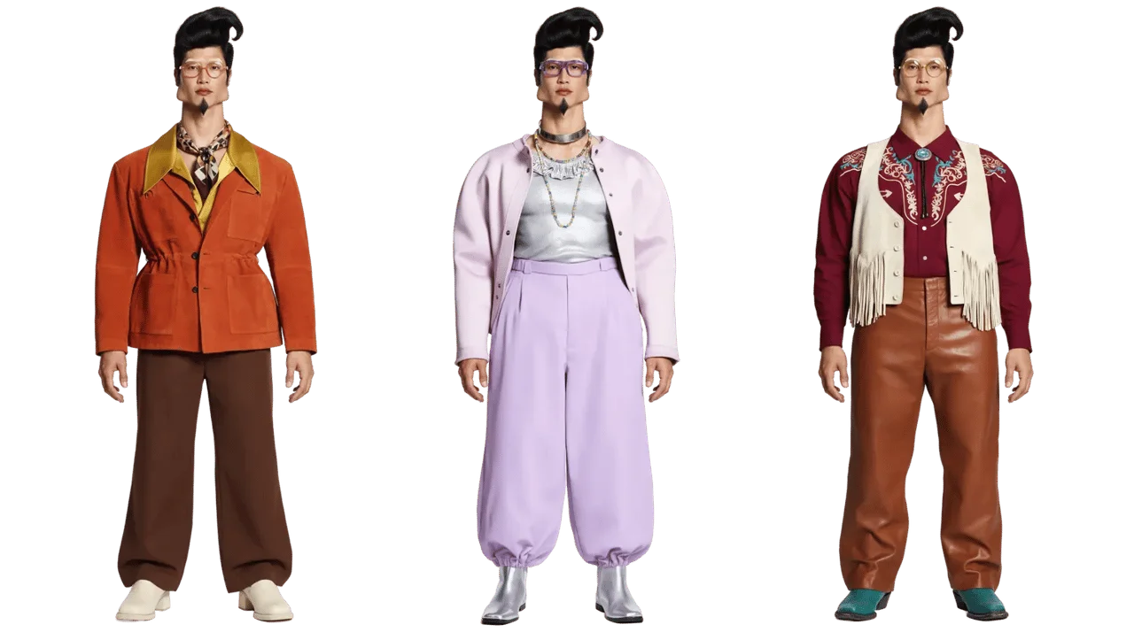 The same AI character in three outfits